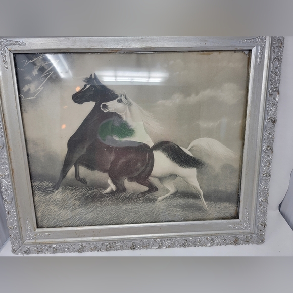 Vintage LeRoy Spirited Horses 1904 Black & White The Storm Lithograph - Picture 1 of 12